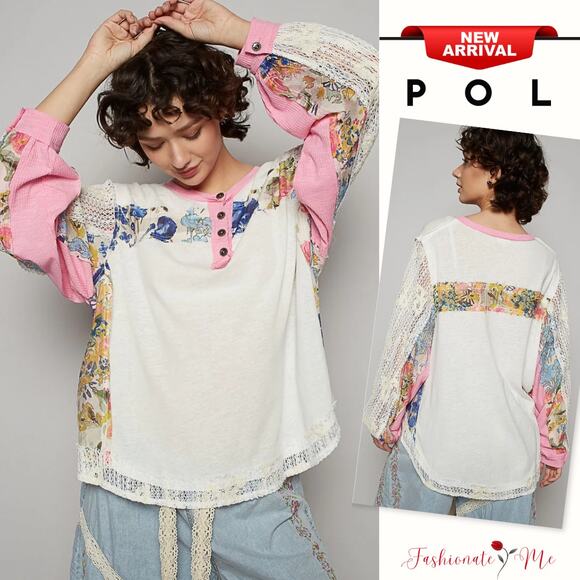 POL Button Detail Floral Patchwork Crochet Long Sleeves Relaxed Blouse | White - Picture 1 of 6